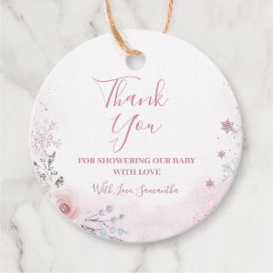 Winter Pastel Pink Snowflake Sleigh Baby Shower Favor Tags
