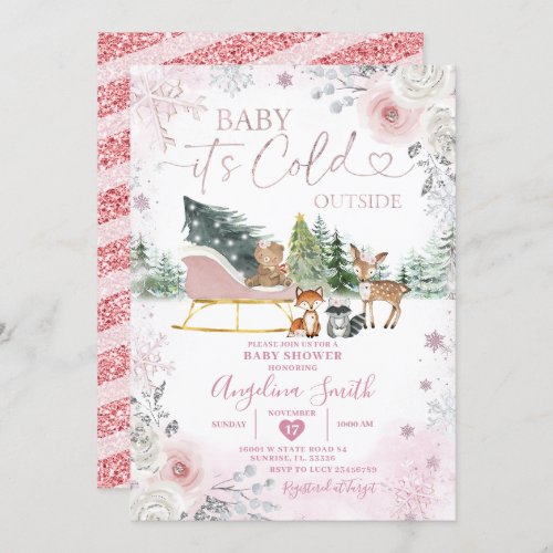 Winter Pastel Pink Snowflake Sleigh Baby Shower Invitation