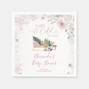 Winter Pastel Pink Snowflake Sleigh Baby Shower Napkins
