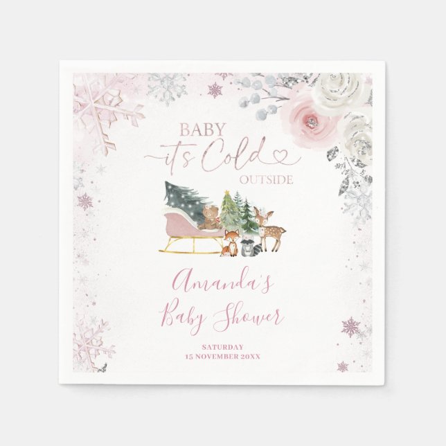 Winter Pastel Pink Snowflake Sleigh Baby Shower Napkins (Front)