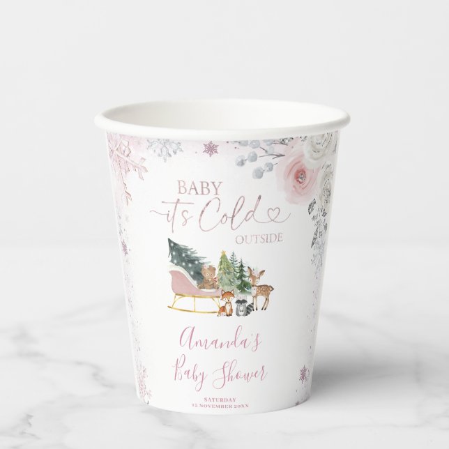 Winter Pastel Pink Snowflake Sleigh Baby Shower Paper Cups (Front)
