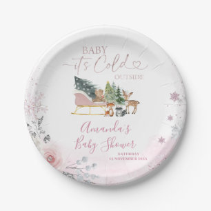 Winter Pastel Pink Snowflake Sleigh Baby Shower Paper Plates