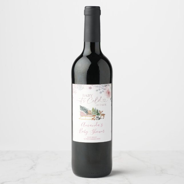 Winter Pastel Pink Snowflake Sleigh Baby Shower Wine Label (Front)