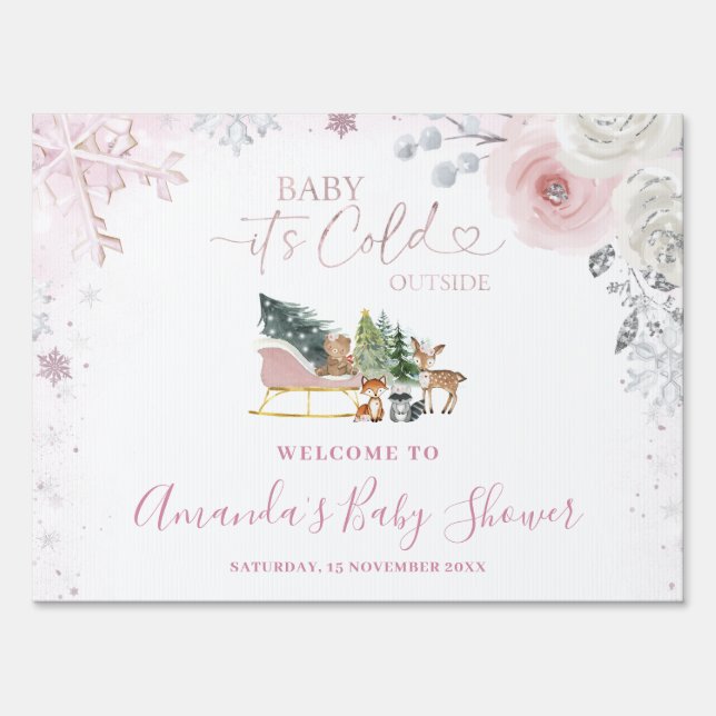 Winter Pastel Pink Snowflake Sleigh Welcome Yard Sign (Back)