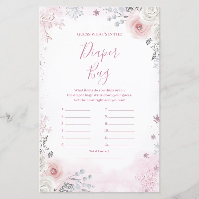 Winter Pastel Pink Snowflake What's in Diaper Bag (Front)