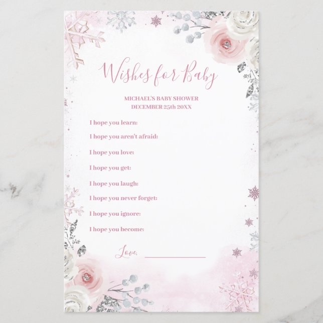 Winter Pastel Pink Snowflake Wishes for Baby Game (Front)