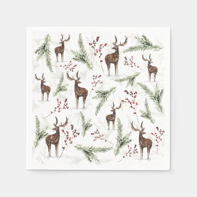 Winter Pattern Deer And Fir Needles Napkins (Front)