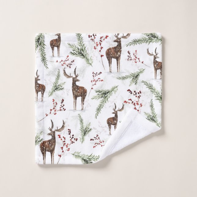 Winter Pattern Deer And Fir Needles Wash Cloth (Wash Cloth)