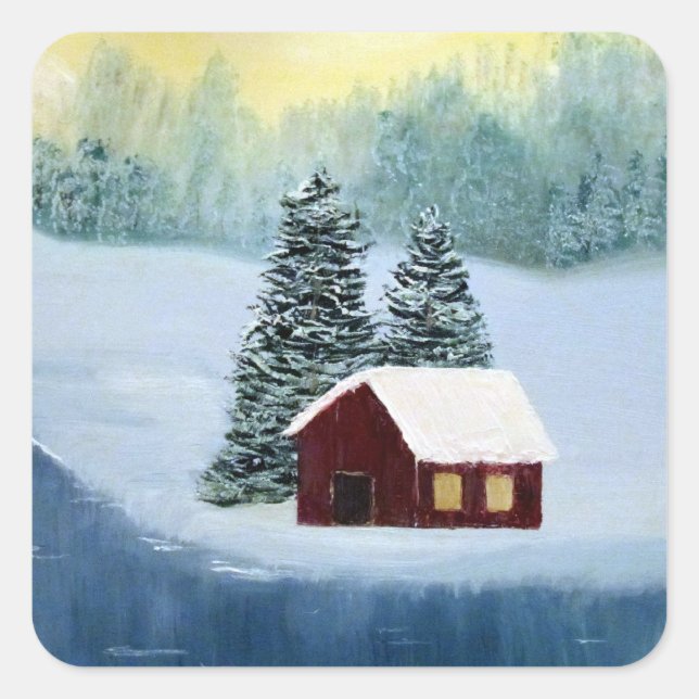 Winter Peace Landscape Frozen River Cabin Scene Square Sticker (Front)