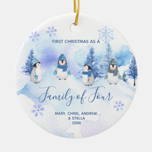 Winter Penguin 1st Christmas as a Family of Four Ceramic Ornament