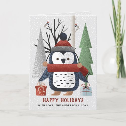 Winter penguin and trees Christmas photo folded Holiday Card