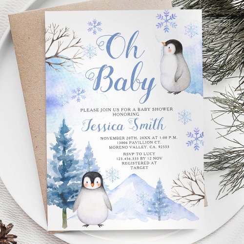 Winter Penguin Animal Mountain Baby Shower Invitation