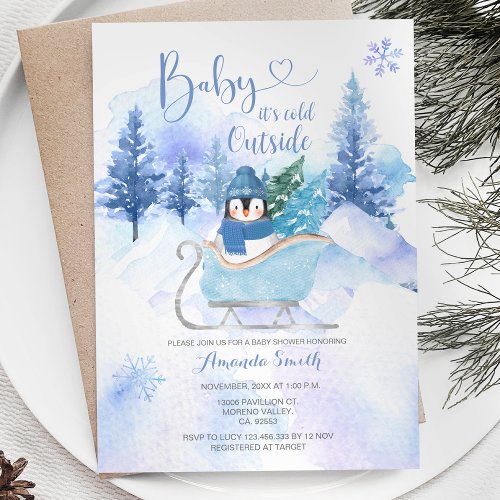 Winter Penguin ARCTIC ANIMAL Snowflake Baby Shower Invitation