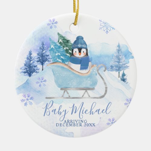 Winter Penguin Baby Boy Pregnancy Announcement Ceramic Ornament