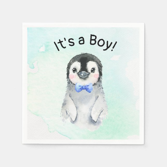 Winter Penguin Baby Shower Boy Napkin (Front)