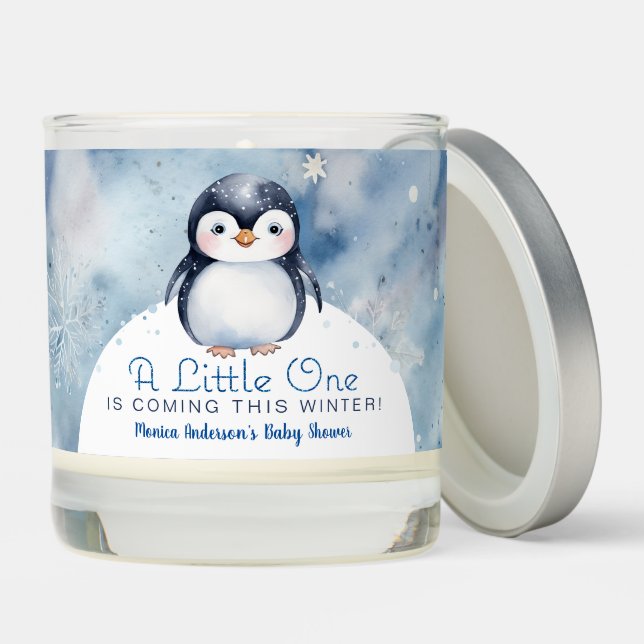 Winter Penguin Baby Shower Candle Favor (Lid)
