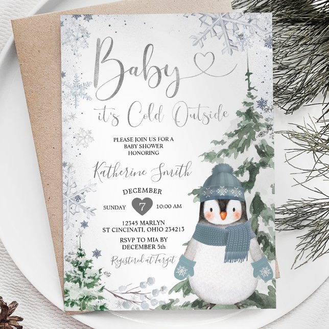 Winter Penguin Baby Shower Forest Snowflakes Invitation (Creator Uploaded)