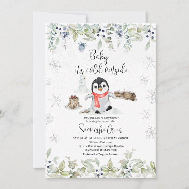 Winter Penguin Baby Shower Invitation (Front)