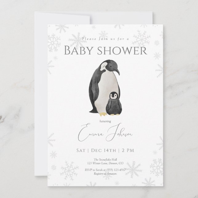 Winter Penguin Baby Shower Invitation | Snowflake  (Front)