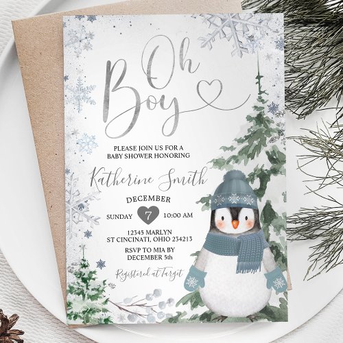 Winter Penguin Baby Shower Silver Snowflakes Invitation