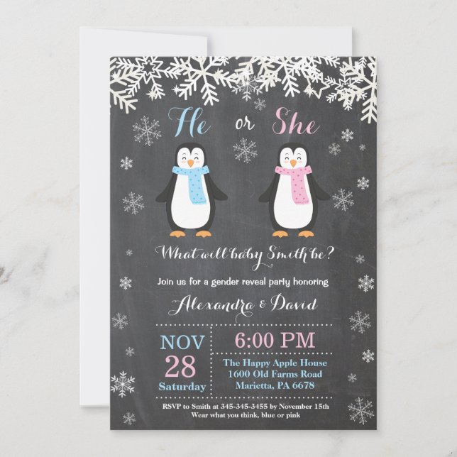 Winter Penguin Bear Gender Reveal Invitation (Front)