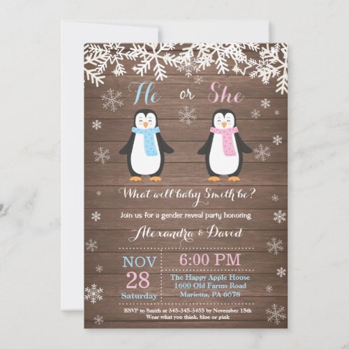 Winter Penguin Bear Gender Reveal Invitation