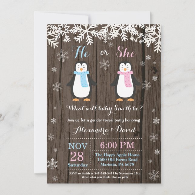 Winter Penguin Bear Gender Reveal Invitation (Front)