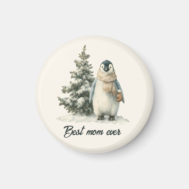 Winter Penguin “Best Mom Ever” Design Magnet (Front)