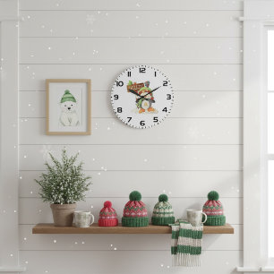 Winter Penguin & Bird Chillin Christmas Holiday Large Clock