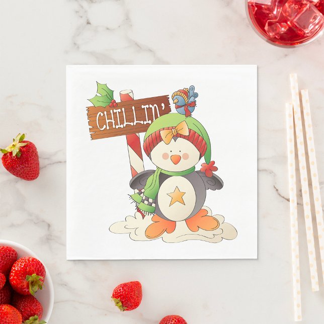 Winter Penguin & Bird Chillin Christmas Holiday  Napkins (Creator Uploaded)