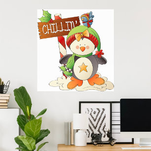 Winter Penguin & Bird Chillin Christmas Holiday Poster