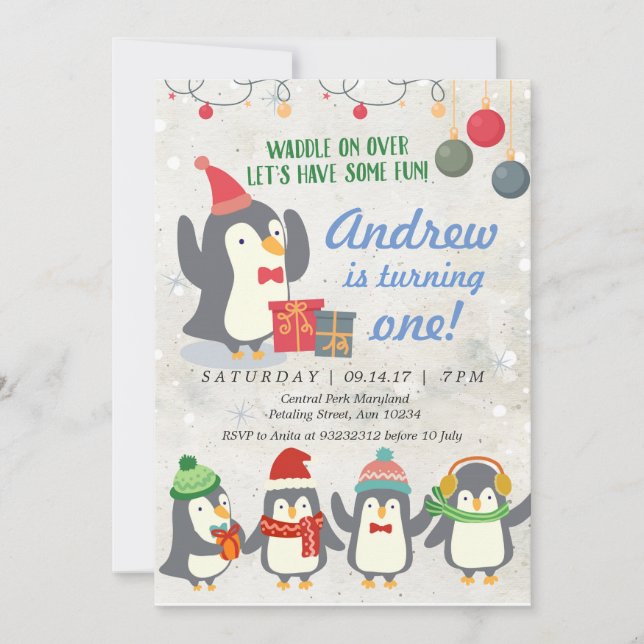 Winter Penguin Birthday Invitation (Front)