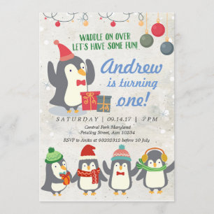 Winter Penguin Birthday Invitation