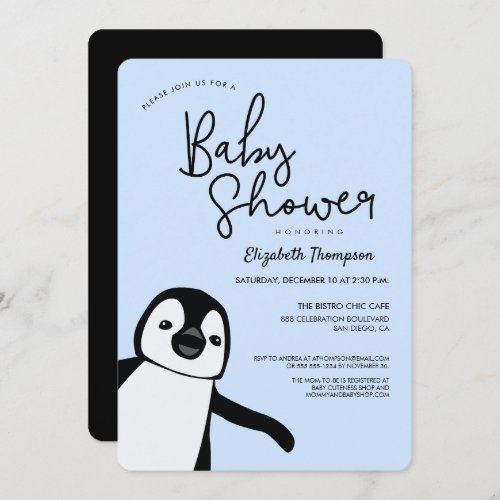 Winter Penguin Blue Black and white cute Invitation