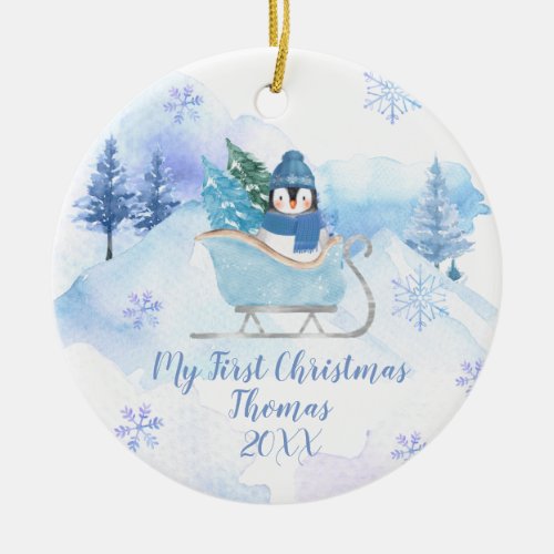 Winter Penguin Blue Snowflakes 1st Christmas Ceramic Ornament