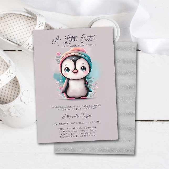 Winter Penguin Cutie Pink Teal Girl Baby Shower Invitation (penguin baby shower invitation cute adorable sweet character watercolor pink teal lilac winter cold)