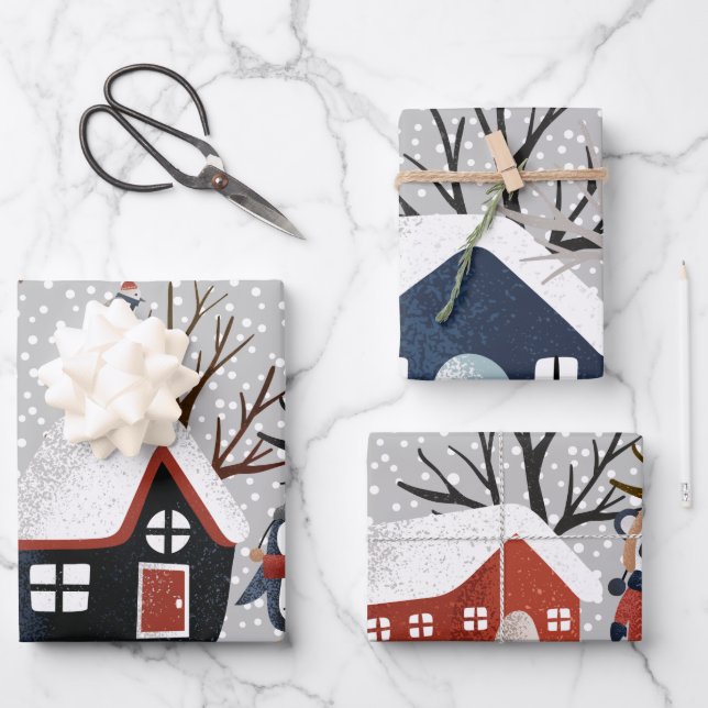 Winter penguin deer and panda snowflakes Christmas Wrapping Paper Sheets (Front)