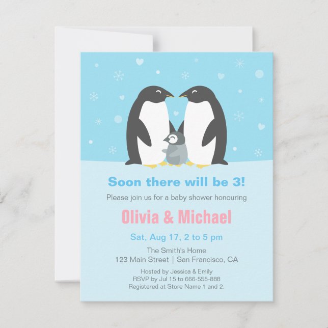 Winter Penguin Family Baby Shower Invitations (Front)