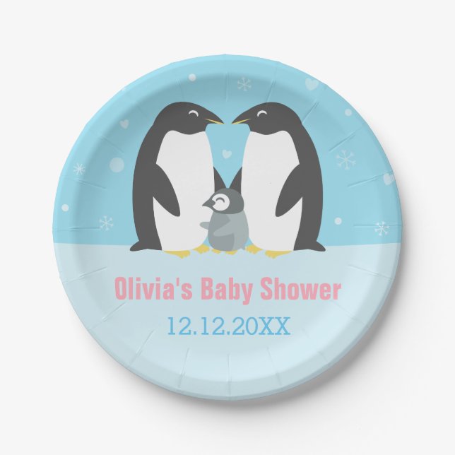 Winter Penguin Family Baby Shower Supplies Paper Plates (Front)
