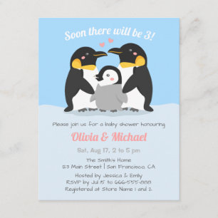 Winter Penguin Family Of Three Baby Shower Invitation