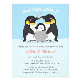 Winter Penguin Family Of Three Baby Shower Invitation