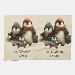 Winter Penguin Family Personalized Design Kitchen Towel