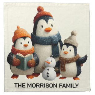 Winter Penguin Family with Snowman Cloth Napkin