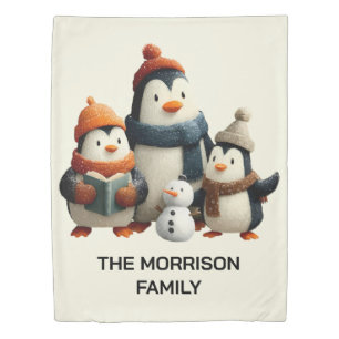 Winter Penguin Family with Snowman Duvet Cover