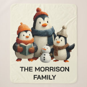 Winter Penguin Family with Snowman Sherpa Blanket