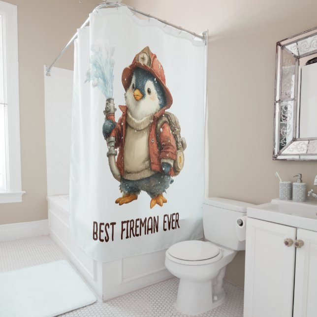Winter Penguin Firefighter Ping Pong Paddle Shower Curtain (In Situ)