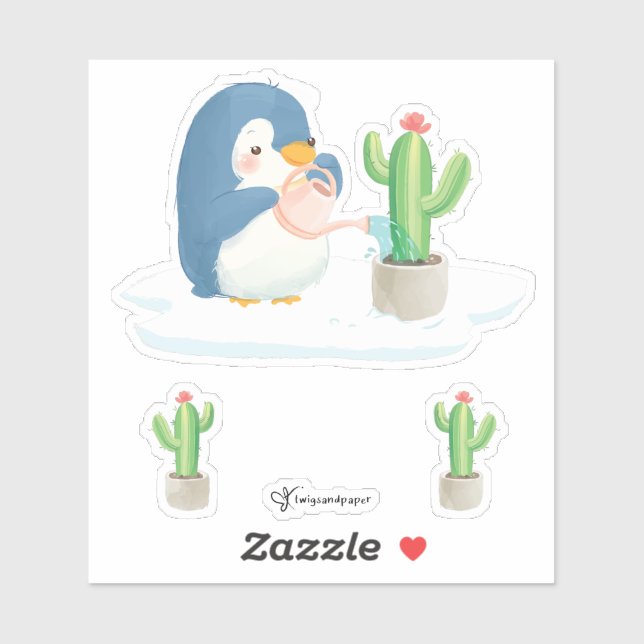 Winter Penguin Gardener Planting Cactus Sticker (Sheet)