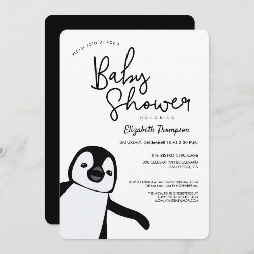Winter Penguin Gender Neutral Black and white cute Invitation