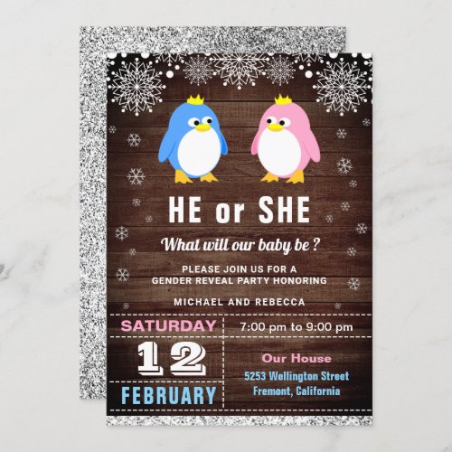 Winter Penguin Gender Reveal Party Invitation