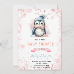 Winter penguin girl shower birthday invitation